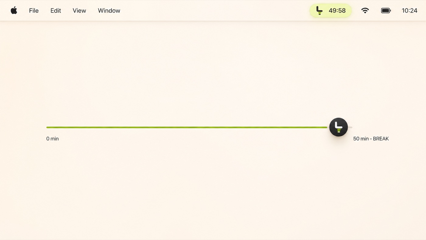 The macOS menu bar with the Unsittable timer at 49 minutes 58 seconds, above a timeline rail marking the break at minute fifty
