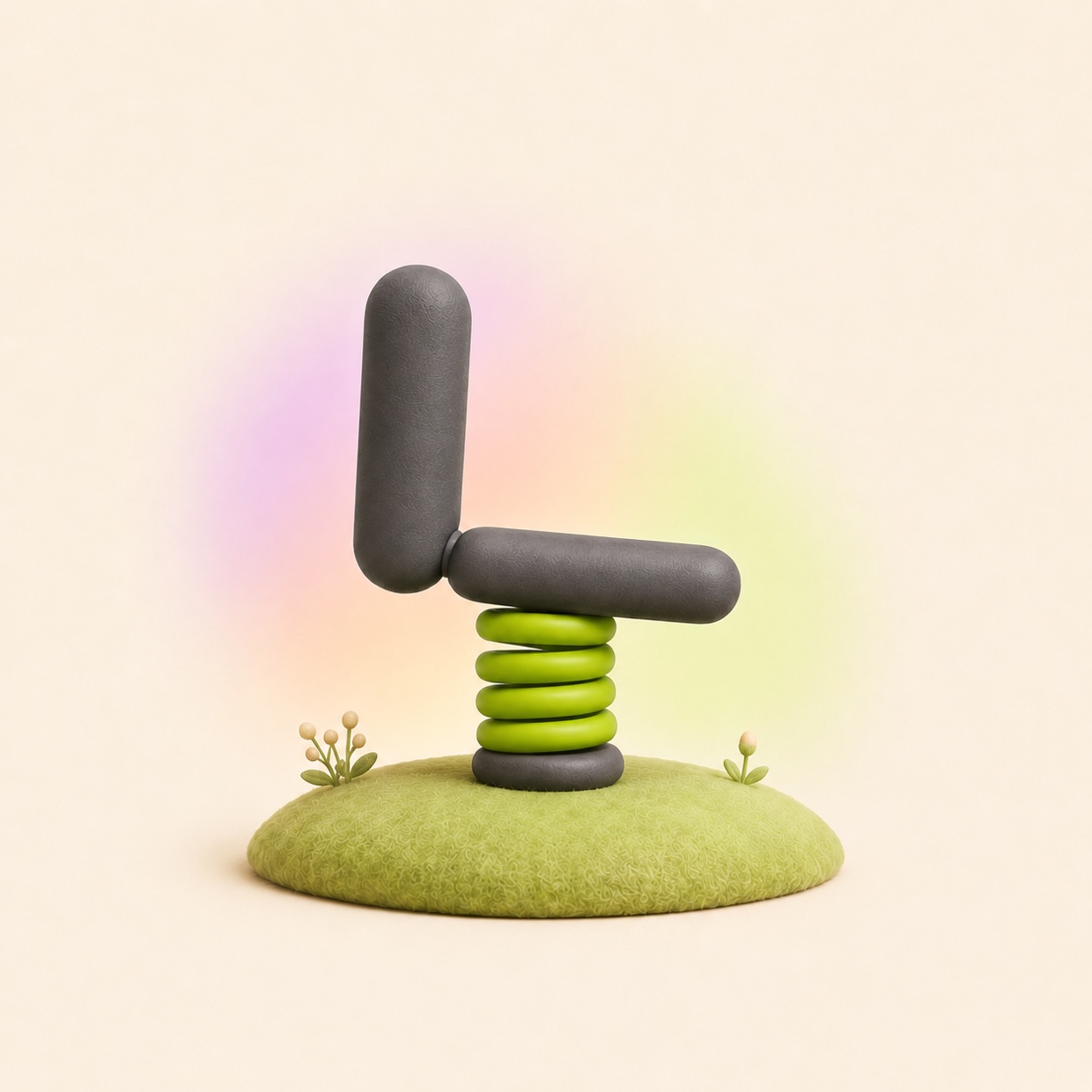 The Unsittable spring-loaded chair, coil spring compressed and ready, standing on a small mossy mound