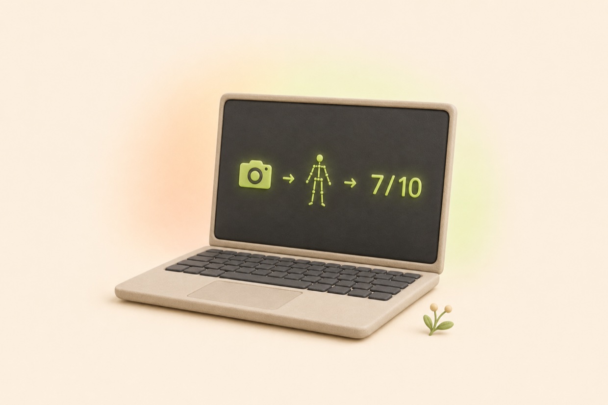 A soft clay MacBook whose dark screen shows a glowing pipeline: camera, then a pose skeleton, then the count seven of ten