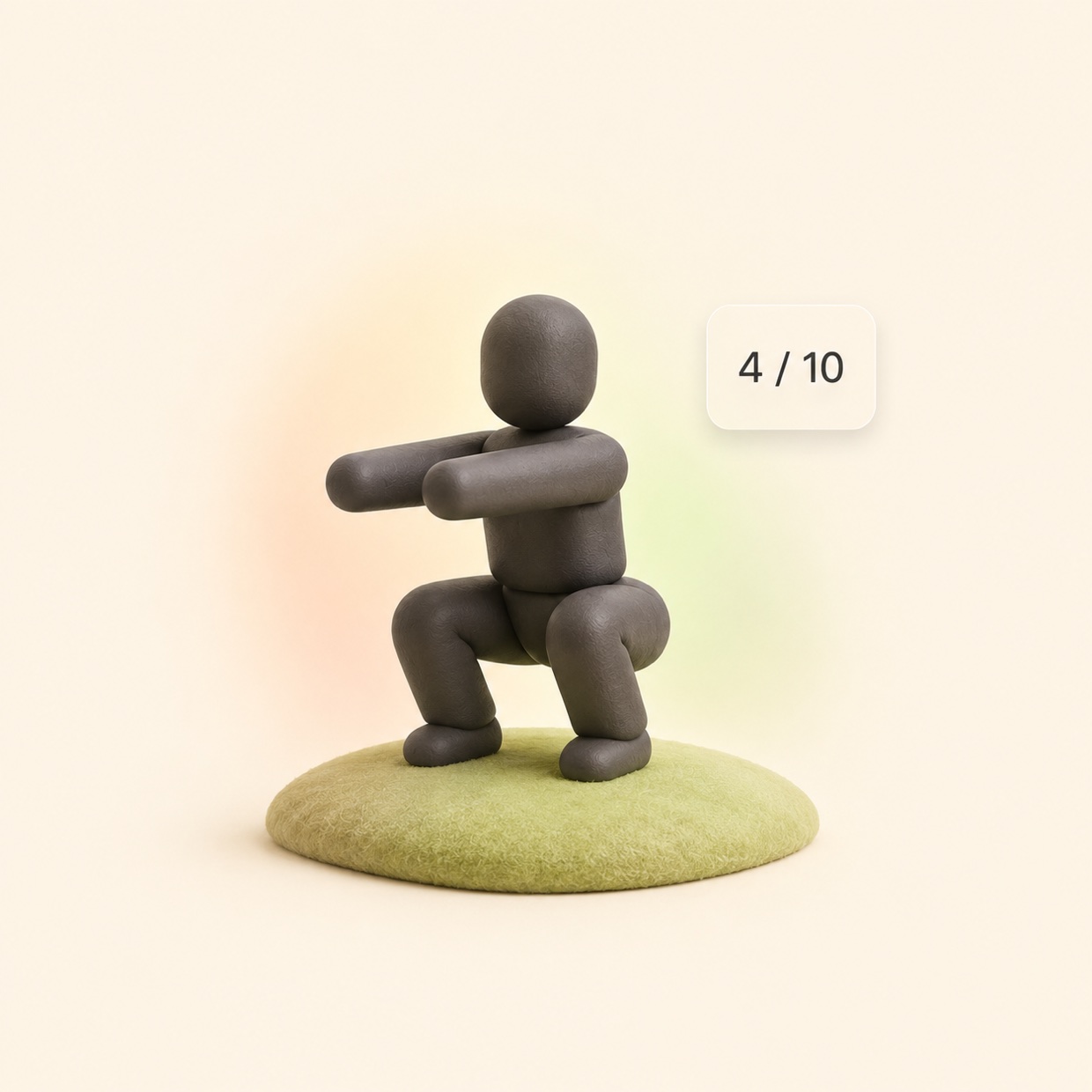 A soft clay figure holding a squat on a mossy mound, with a floating card reading four of ten